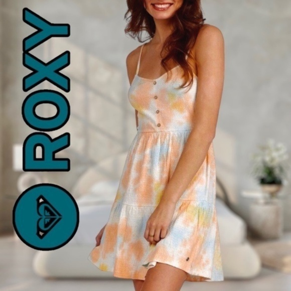 ROXY Beach Hangs Gauzy Cotton V-Neck Spaghetti Strap Tie-Dye Dress NWT/XL - Picture 1 of 16